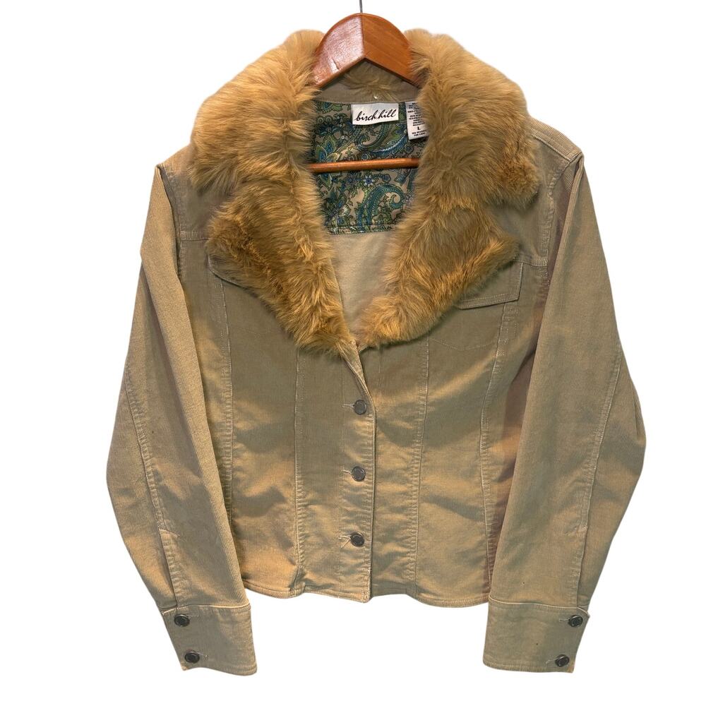 Birch Hill Jacket Womens Large Brown Corduroy Faux Fur Collar Button Front